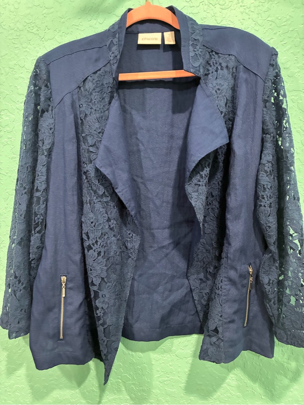 Chico's Navy Lace-Detail Open Front Blazer 3 shirt top